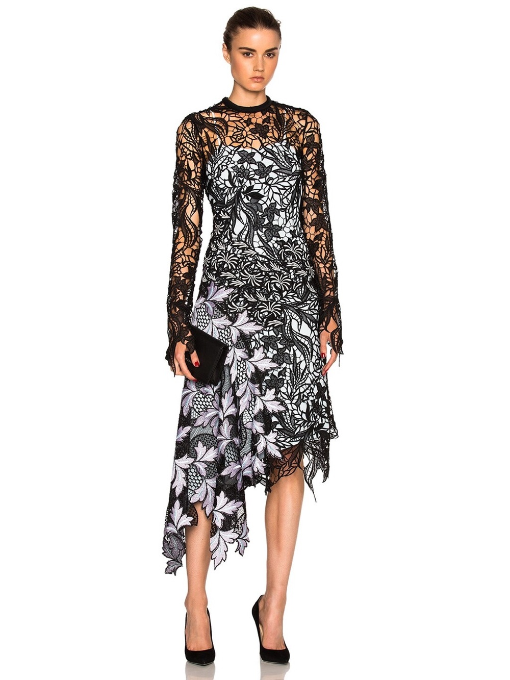 NWT SELF-PORTRAIT Black Vine Lace Overlay Asymmetric Floral Midi Dress size 8